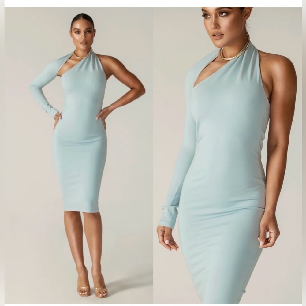 Baby blue Dasha midi dress one shoulder